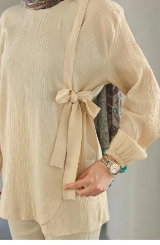 Costume Beige Avec Détail Cravate 682