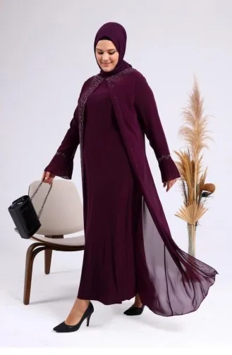 Damen Plus Size Abendkleid Mit Stein- Und Perlenmuster Und Plissierten Ärmeln Hijab Für Mütter 4578 Pflaume 4578.Mürdüm