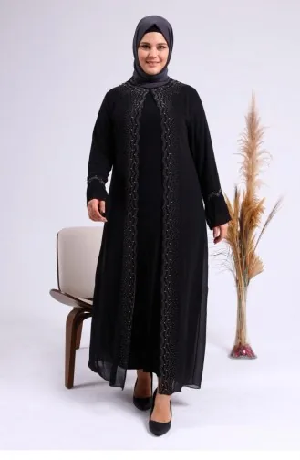 Robe De Soirée Grande Taille Pour Femme Manches Plissées Motifs Pierres Et Perles Hijab 4578 Noir 4578.siyah