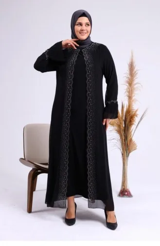 Robe De Soirée Grande Taille Pour Femme Manches Plissées Motifs Pierres Et Perles Hijab 4578 Noir 4578.siyah