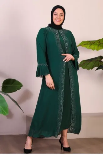 Damen Plus Size Abendkleid Mit Stein- Und Perlenmuster Und Plissierten Ärmeln Hijab Für Mütter 4578 Smaragdgrün 4578.ZÜMRÜT YEŞİLİ