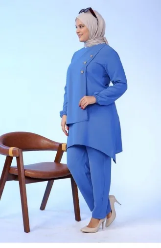 Kadin Buyuk Beden Düğmeli İkili Tesettur Tunik Takım 5079 İndigo