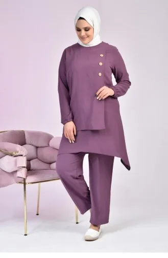 Women`s Plus Size Buttoned Double-Piece Hijab Tunic Set 5079 Lilac 5079.Lila