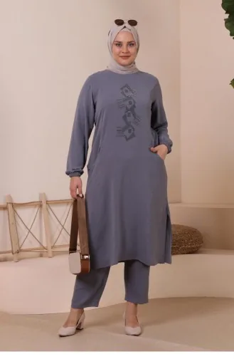 طقم ملابس داخلية وملابس داخلية نسائية مقاس كبير مع جيب وتطريز حجري 8250 رمادي 8250.Gri