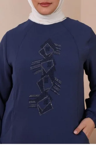 Women`s Plus Size Top And Bottom Set With Pocket And Stone Embroidery 8250 Indigo 8250.İndigo