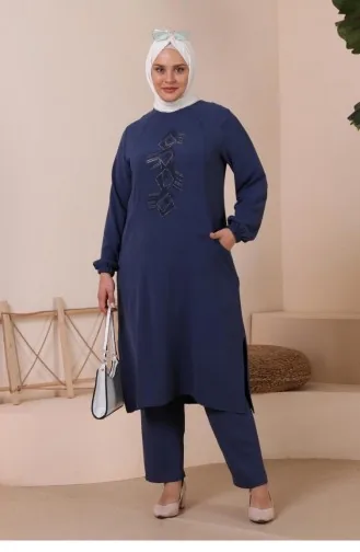 Women`s Plus Size Top And Bottom Set With Pocket And Stone Embroidery 8250 Indigo 8250.İndigo