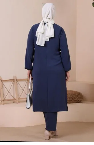 Women`s Plus Size Top And Bottom Set With Pocket And Stone Embroidery 8250 Indigo 8250.İndigo
