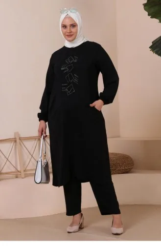 Women`s Plus Size Top And Bottom Set With Pocket And Stone Embroidery 8250 Black 8250.siyah