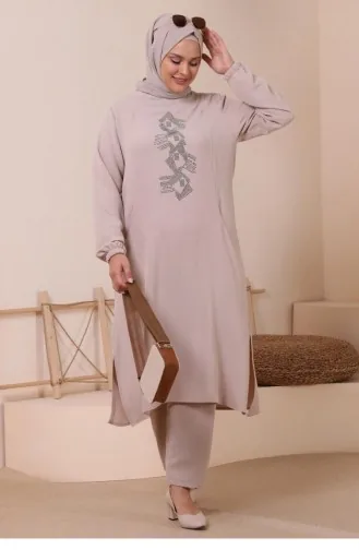 Women`s Plus Size Top And Bottom Set With Pocket And Stone Embroidered 8250 Stones 8250.Taş