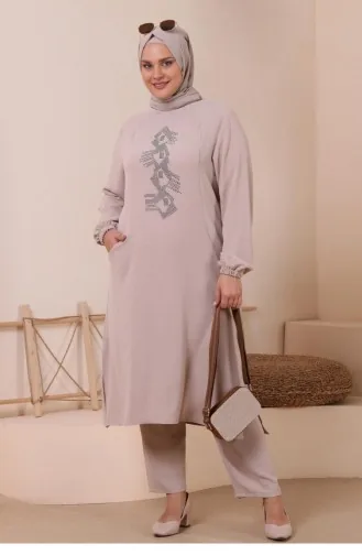 Women`s Plus Size Top And Bottom Set With Pocket And Stone Embroidered 8250 Stones 8250.Taş