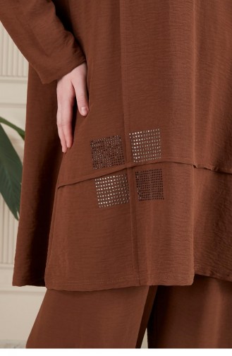 Kadin Tesettur Giyim Buyuk Beden Tesettur İkili Takim Ayrobin Pantolon Tunik Takim 8689 Kahverengi