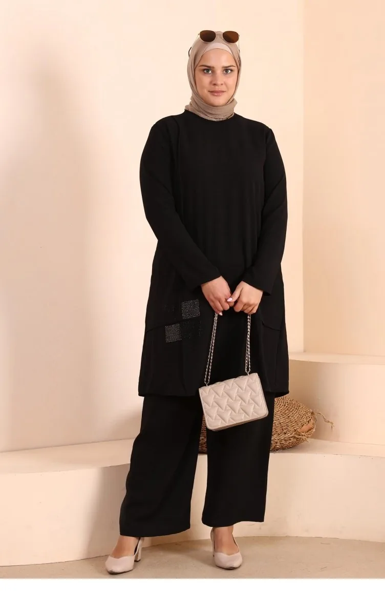 Women`s Hijab Clothing Plus Size Hijab Two Piece Suit Ayrobin Trouser Tunic Suit 8689 Black 8689.siyah