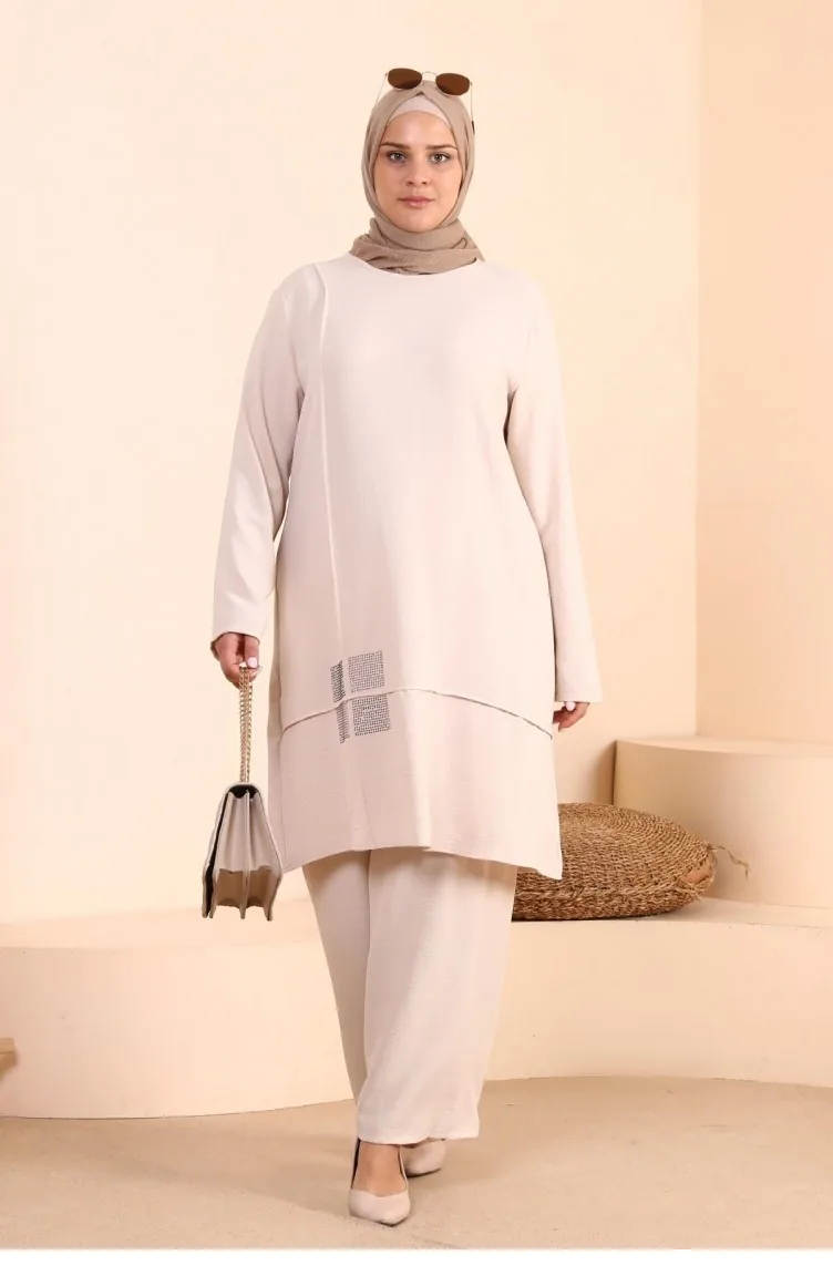 Women`s Hijab Clothing Plus Size Hijab Two Piece Suit Ayrobin Trouser Tunic Suit 8689 Stone 8689.Taş