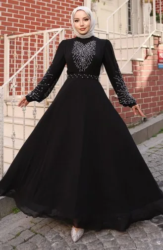 فستان سهرة شيفون حجري 6237-01 أسود 6237-01