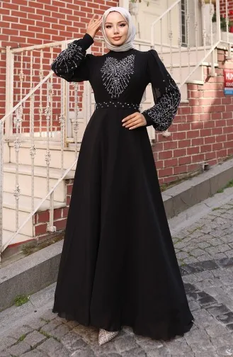 فستان سهرة شيفون حجري 6237-01 أسود 6237-01