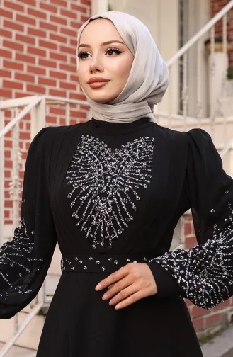 فستان سهرة شيفون حجري 6237-01 أسود 6237-01
