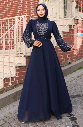 Şifon Taşlı Abiye Elbise 6237-02 Lacivert
