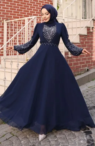 Şifon Taşlı Abiye Elbise 6237-02 Lacivert