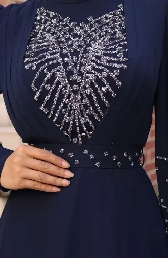 Şifon Taşlı Abiye Elbise 6237-02 Lacivert
