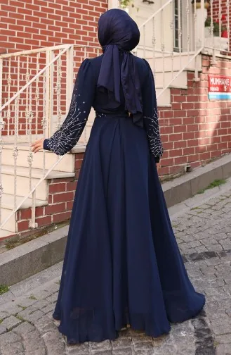 Şifon Taşlı Abiye Elbise 6237-02 Lacivert