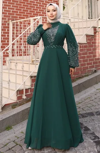 فستان سهرة شيفون حجري 6237-03 أخضر زمردي 6237-03