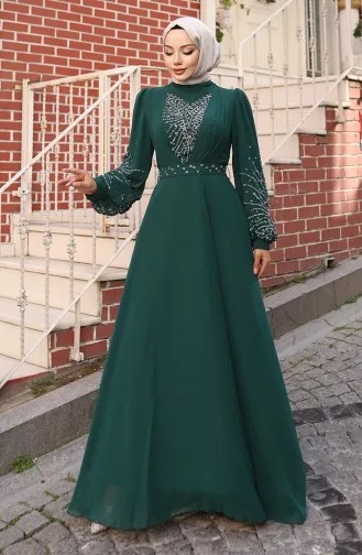 فستان سهرة شيفون حجري 6237-03 أخضر زمردي 6237-03