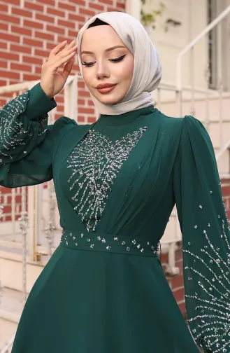 فستان سهرة شيفون حجري 6237-03 أخضر زمردي 6237-03