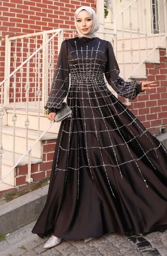Büyük Beden Saten Abiye Elbise 6249-01 Siyah