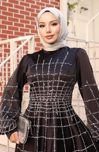 Büyük Beden Saten Abiye Elbise 6249-01 Siyah