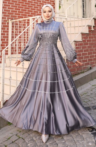 Gray Hijab Evening Dress 6249-02
