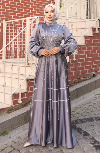 Gray Hijab Evening Dress 6249-02