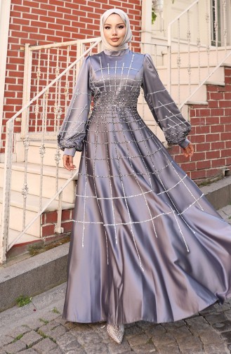 Gray Hijab Evening Dress 6249-02