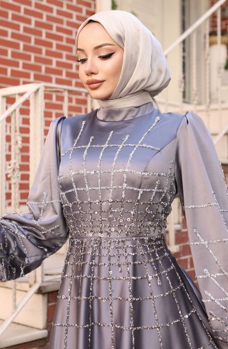 Gray Hijab Evening Dress 6249-02
