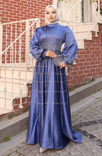 Plus Size Satijnen Avondjurk 6249-03 Indigo 6249-03