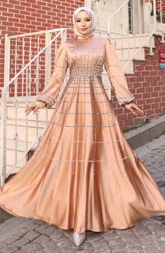 Büyük Beden Saten Abiye Elbise 6249-05 Vizon