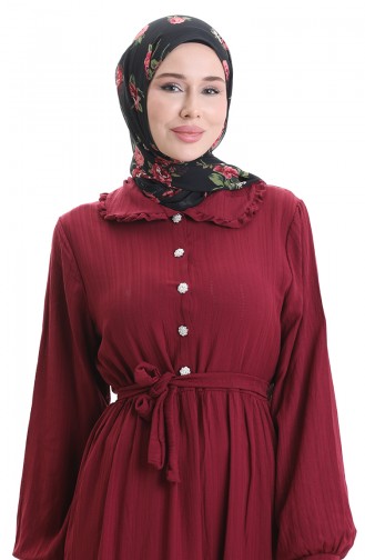 Yarım Düğmeli Büzgülü Elbise 2042-03 Bordo