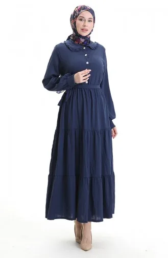 فستان مجمع بأزرار نصفية 2042-04 أزرق داكن 2042-04