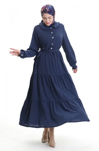 فستان مجمع بأزرار نصفية 2042-04 أزرق داكن 2042-04