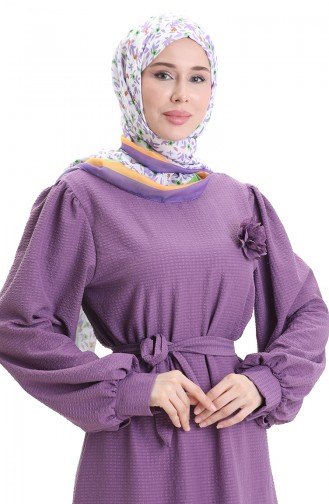 Gofre Kumaş Kuşaklı Elbise 2043-02 Lila