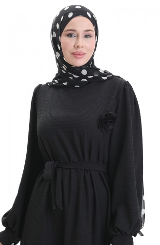 Gofre Kumaş Kuşaklı Elbise 2043-04 Siyah