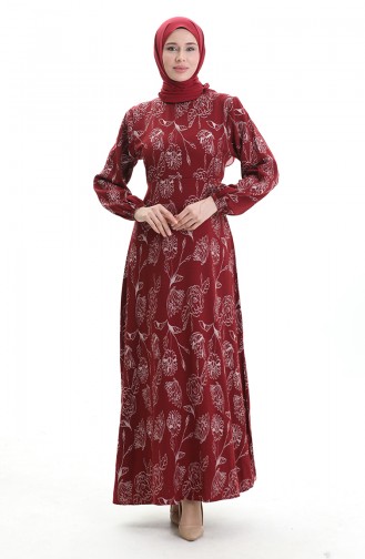 Kolu Lastikli Desenli Elbise 2046-02 Bordo