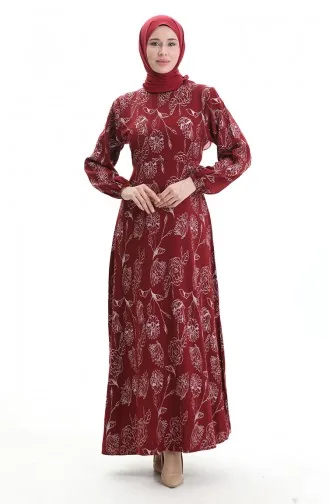 Robe à Motifs Avec Manches élastiques 2046-02 Rouge Bordeaux 2046-02