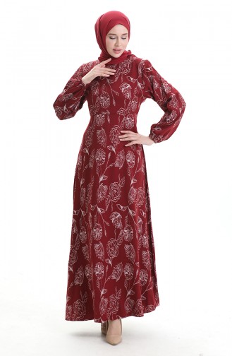 Kolu Lastikli Desenli Elbise 2046-02 Bordo