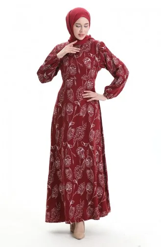 Robe à Motifs Avec Manches élastiques 2046-02 Rouge Bordeaux 2046-02