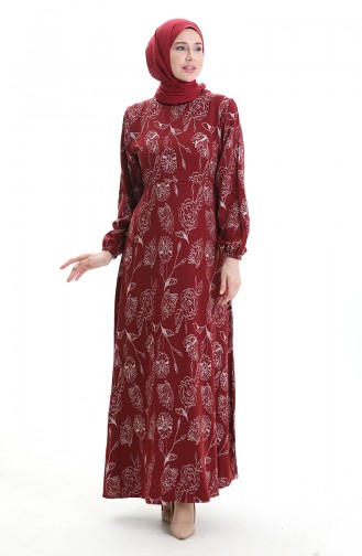 Kolu Lastikli Desenli Elbise 2046-02 Bordo