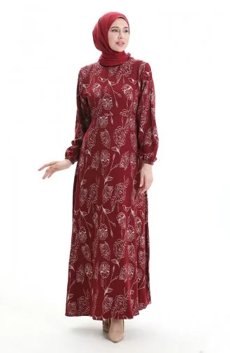 Robe à Motifs Avec Manches élastiques 2046-02 Rouge Bordeaux 2046-02