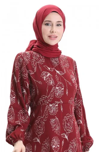 Robe à Motifs Avec Manches élastiques 2046-02 Rouge Bordeaux 2046-02
