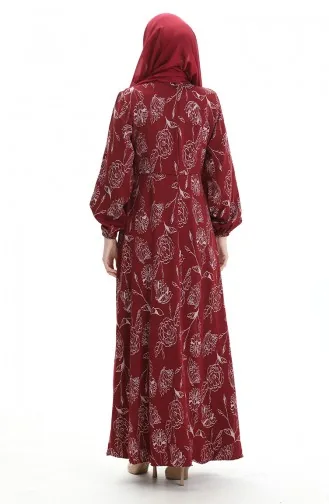Robe à Motifs Avec Manches élastiques 2046-02 Rouge Bordeaux 2046-02