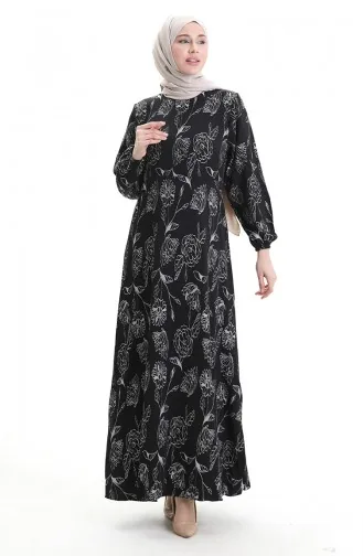 Elastic Sleeve Patterned Dress 2046-03 Black 2046-03