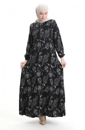 Elastic Sleeve Patterned Dress 2046-03 Black 2046-03